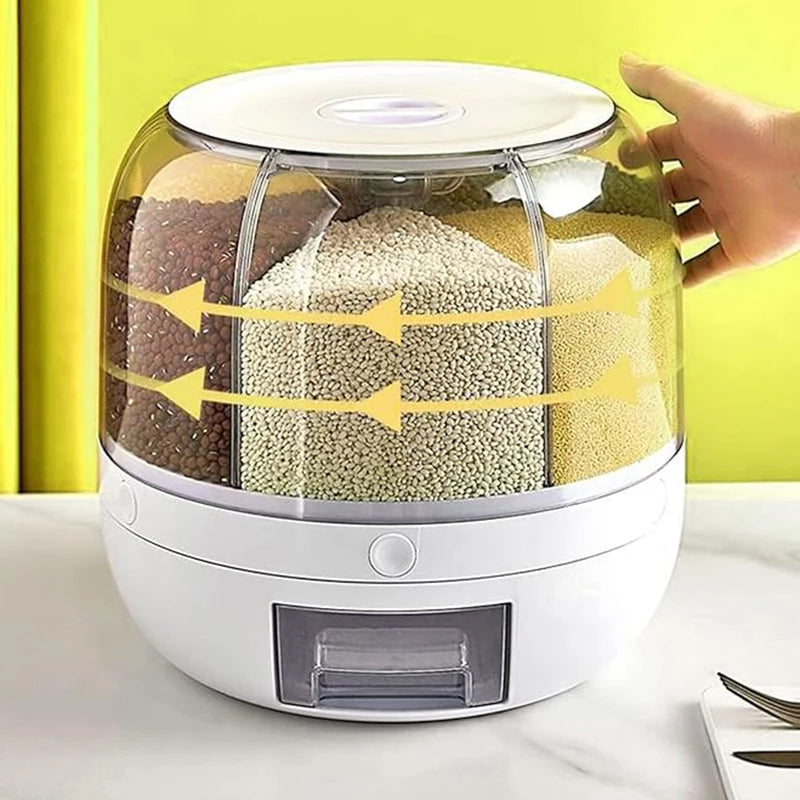 360° rotating 6-grid grain dispenser, one-touch output storage container for rice grain sealing and moisture-proof organizer