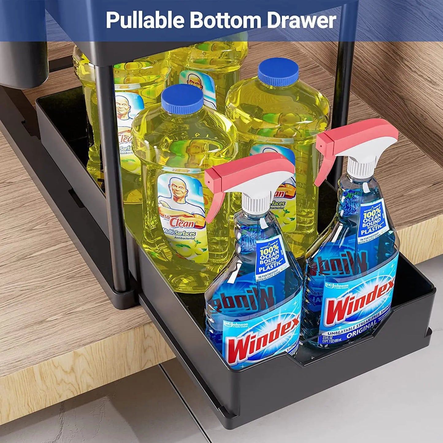 2Tier Multi-function Kitchen Sink Organizer,Sliding Cabinet Basket with Hooks Hanging Cup-New Bathroom Kitchen Space-Saving Rack