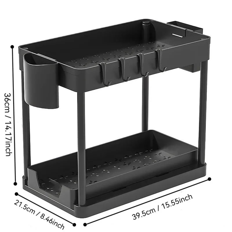2Tier Multi-function Kitchen Sink Organizer,Sliding Cabinet Basket with Hooks Hanging Cup-New Bathroom Kitchen Space-Saving Rack