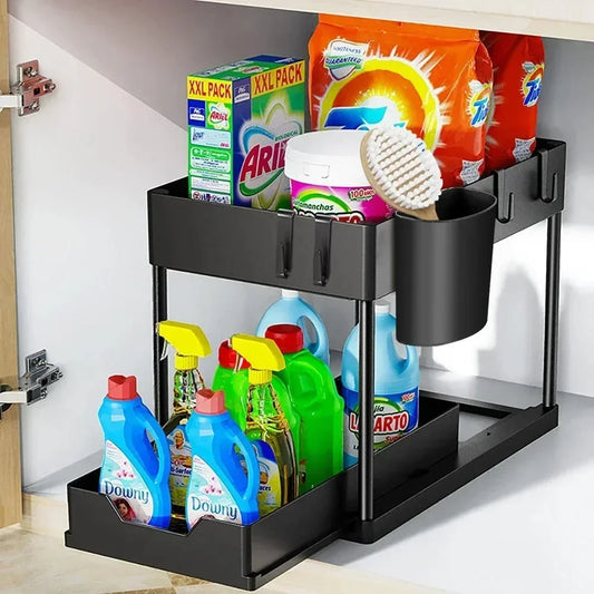 2Tier Multi-function Kitchen Sink Organizer,Sliding Cabinet Basket with Hooks Hanging Cup-New Bathroom Kitchen Space-Saving Rack