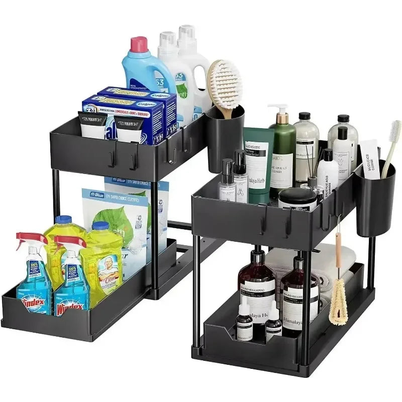 2Tier Multi-function Kitchen Sink Organizer,Sliding Cabinet Basket with Hooks Hanging Cup-New Bathroom Kitchen Space-Saving Rack